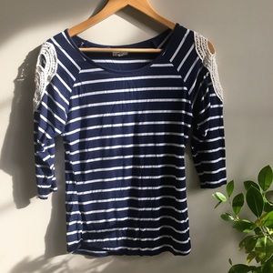 navy striped tee with macramé shoulder detail